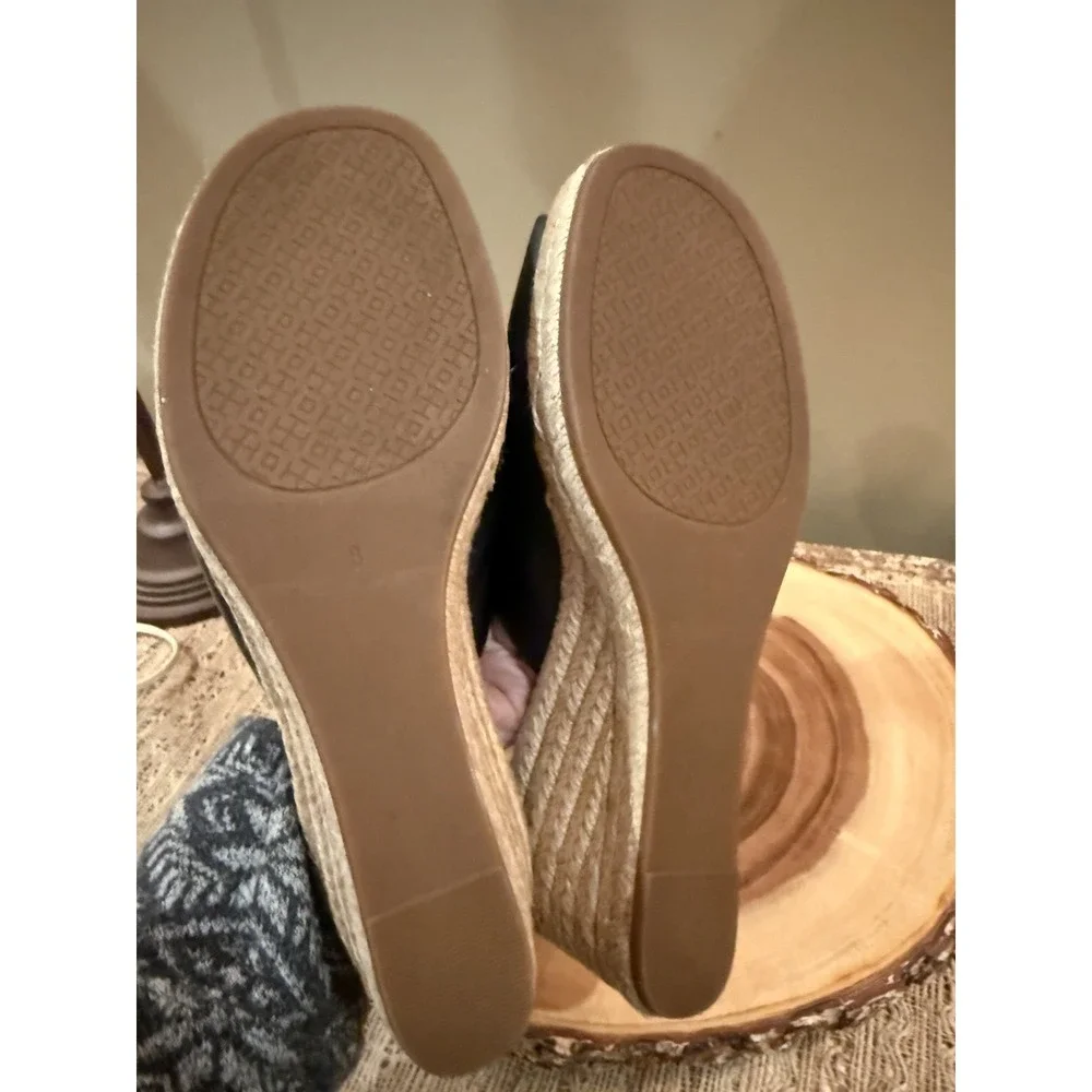 TORY‎ BURCH Landon Espadrille Black Leather Wedge Sandals Shoes Size 8M $295